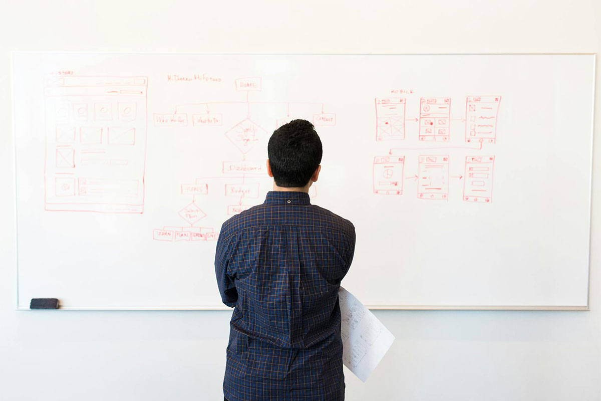 Man looking at a classroom whiteboard